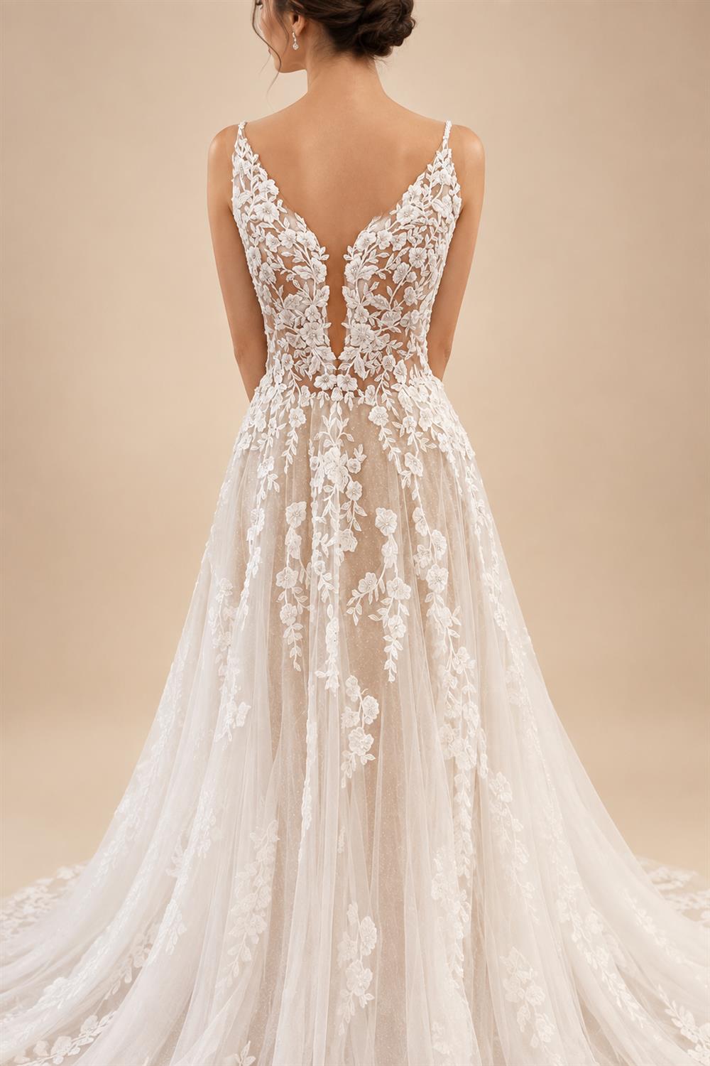 Custom Lace V Neck Wedding Dress Appliqued Court Train Boho Bridal Gown