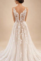 Custom Lace V Neck Wedding Dress Appliqued Court Train Boho Bridal Gown