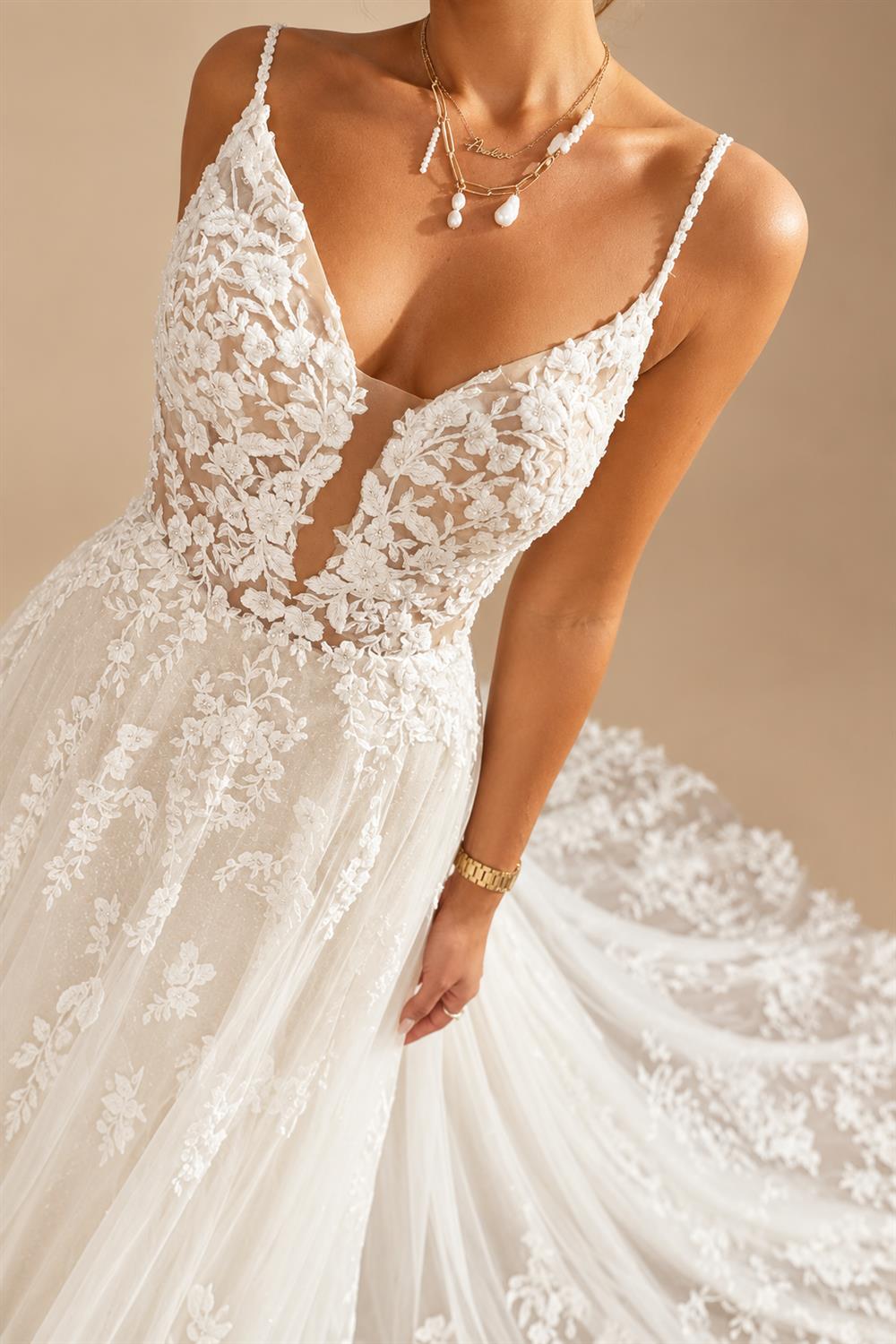 Custom Lace V Neck Wedding Dress Appliqued Court Train Boho Bridal Gown