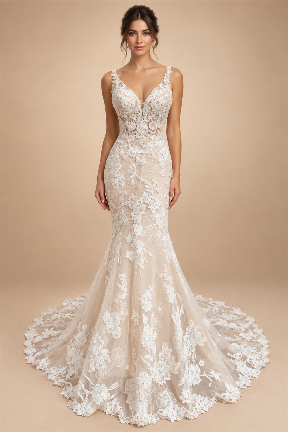 Custom Spaghetti Straps Floral Lace Mermaid Wedding Dress