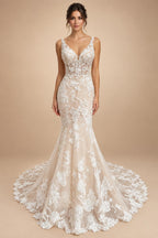 Custom Spaghetti Straps Floral Lace Mermaid Wedding Dress
