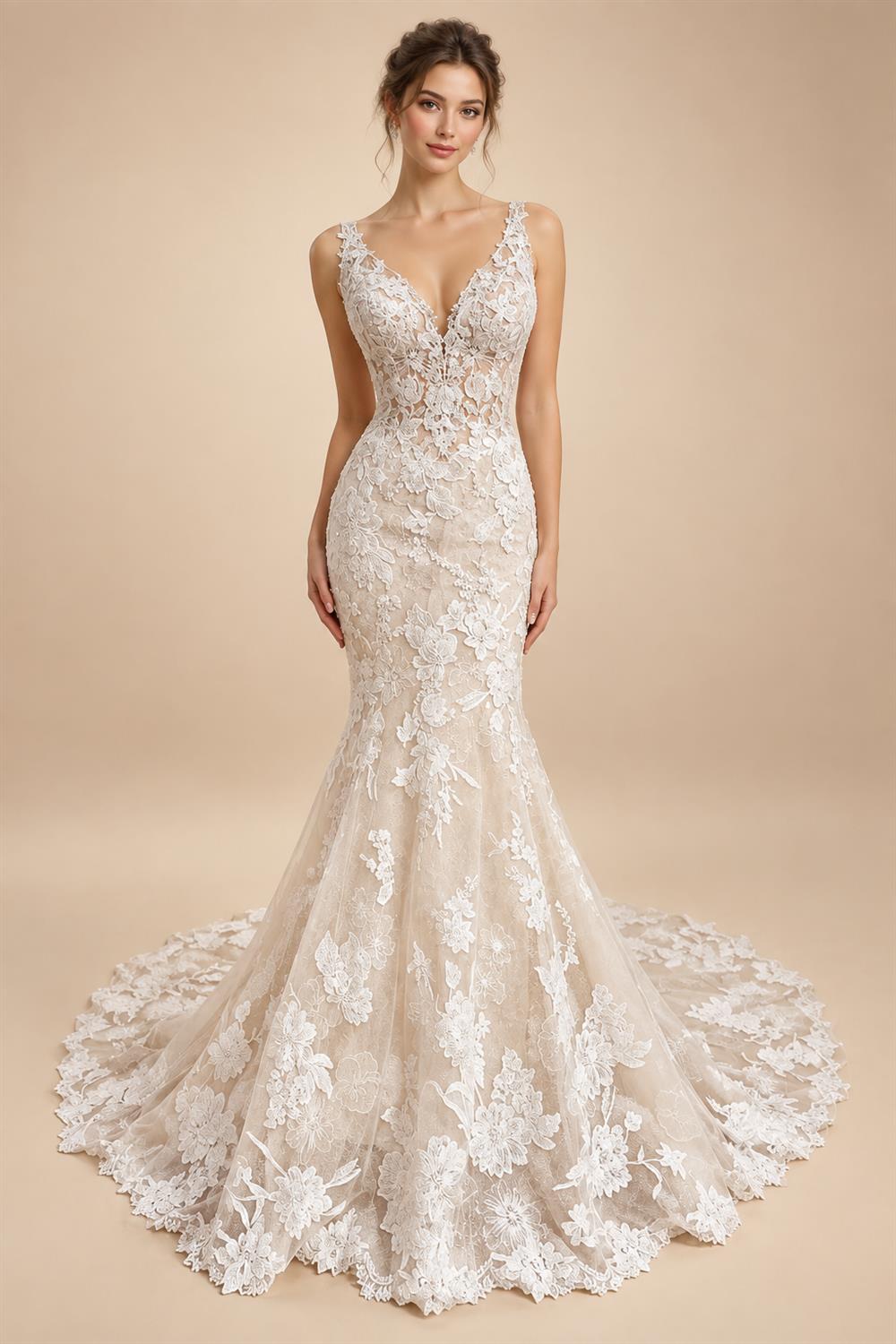 Custom Spaghetti Straps Floral Lace Mermaid Wedding Dress