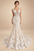 Custom Spaghetti Straps Floral Lace Mermaid Wedding Dress