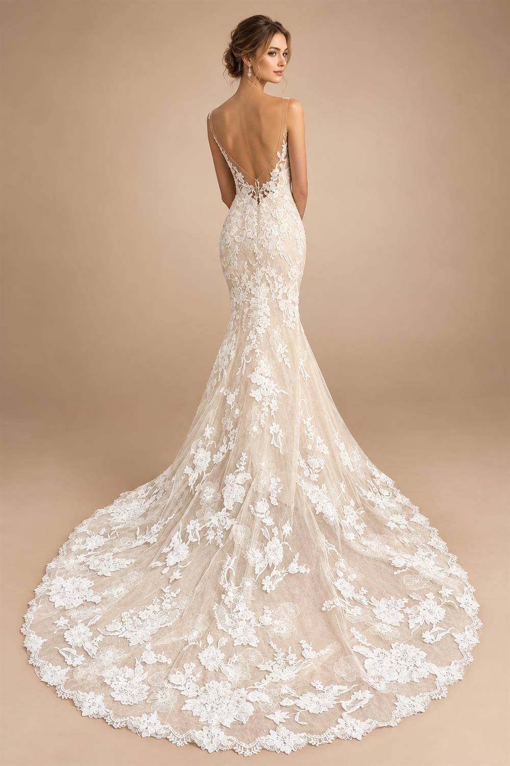 Custom Spaghetti Straps Floral Lace Mermaid Wedding Dress