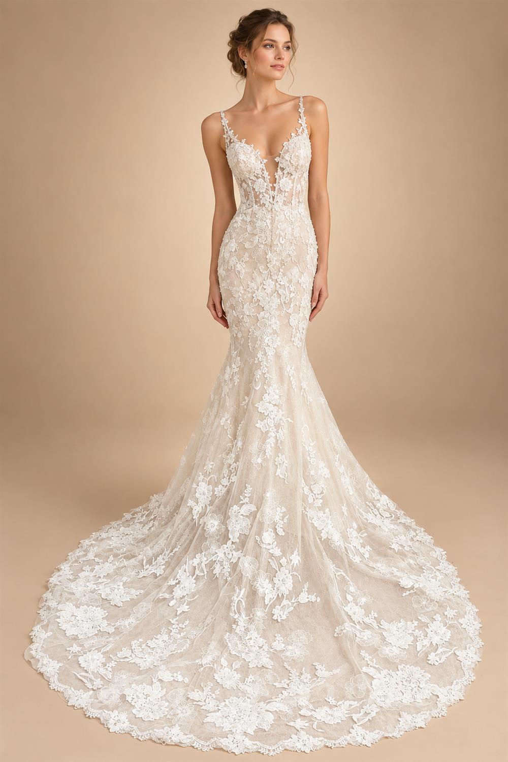 Custom Spaghetti Straps Floral Lace Mermaid Wedding Dress