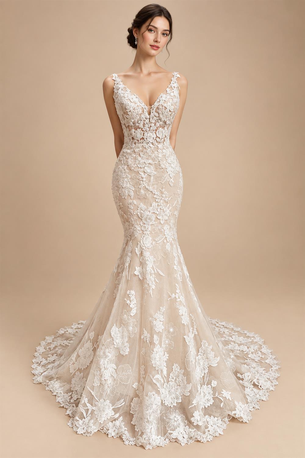 Custom Spaghetti Straps Floral Lace Mermaid Wedding Dress