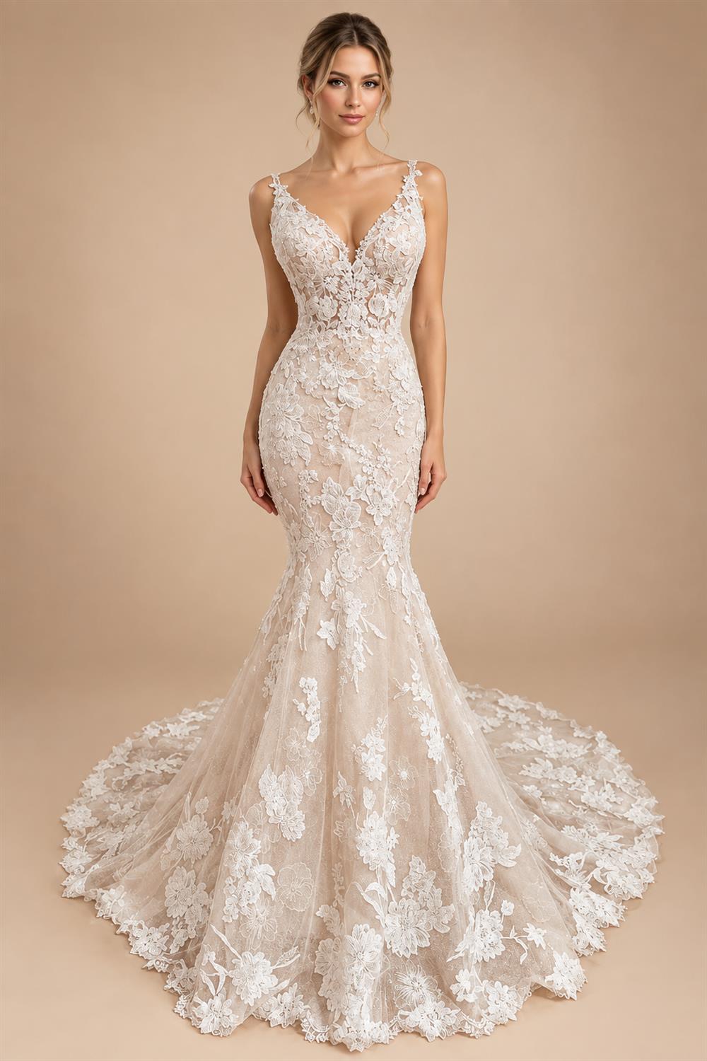 Custom Spaghetti Straps Floral Lace Mermaid Wedding Dress