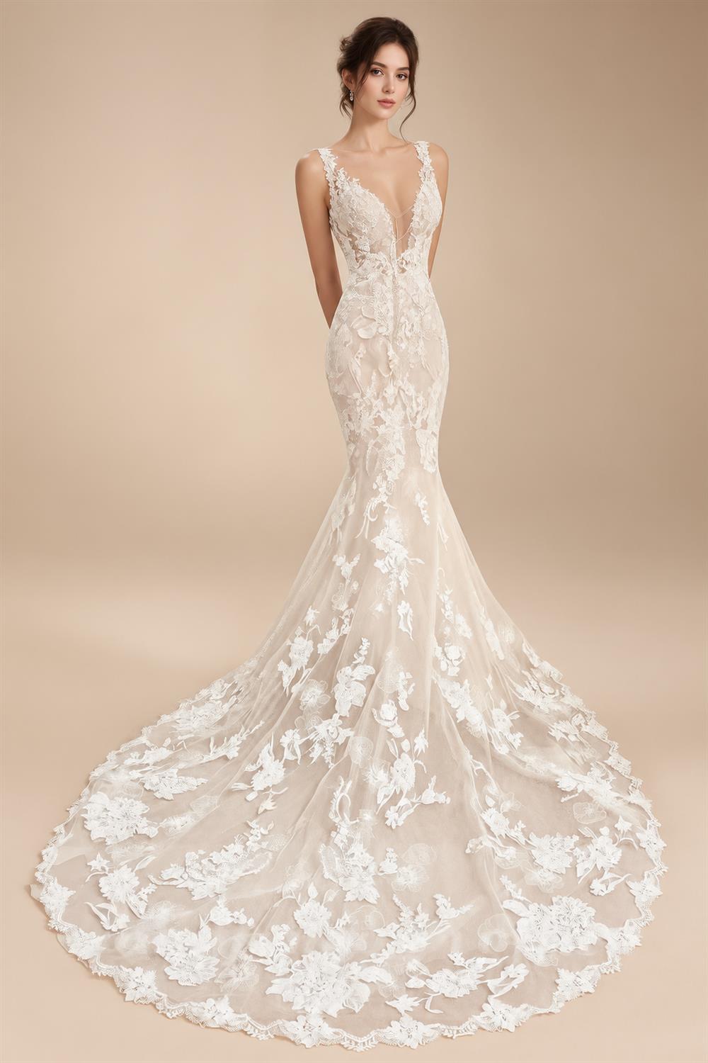 Custom Spaghetti Straps Floral Lace Mermaid Wedding Dress