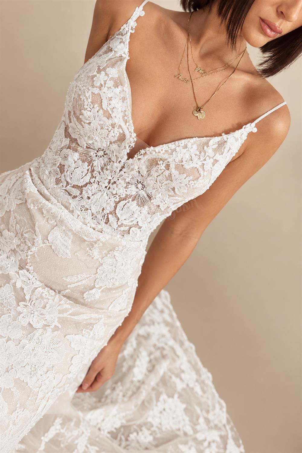 Custom Spaghetti Straps Floral Lace Mermaid Wedding Dress