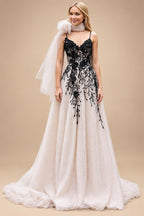 Custom Made Lace Black Ivory V Neck Open Back Wedding Dress