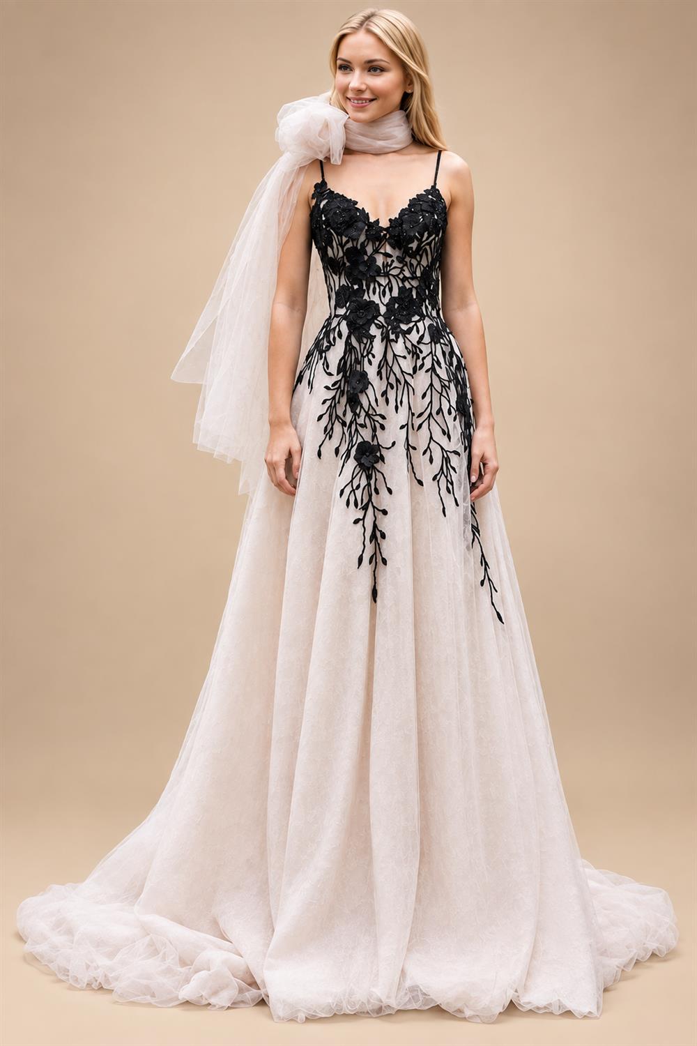 Custom Made Lace Black Ivory V Neck Open Back Wedding Dress