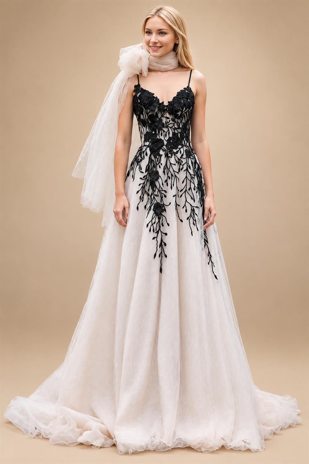 Custom Made Lace Black Ivory V Neck Open Back Wedding Dress