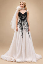 Custom Made Lace Black Ivory V Neck Open Back Wedding Dress