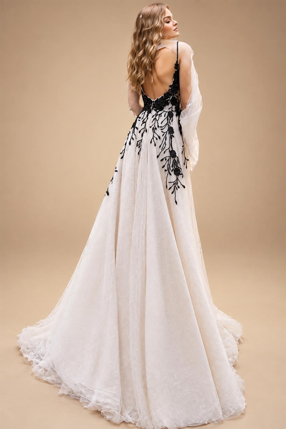 Custom Made Lace Black Ivory V Neck Open Back Wedding Dress