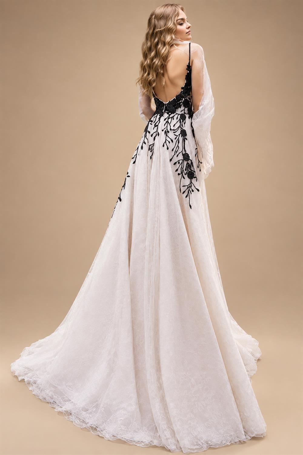 Custom Made Lace Black Ivory V Neck Open Back Wedding Dress