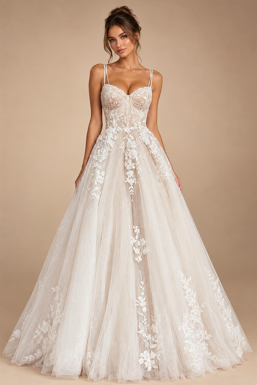 Princess Lace Wedding Dress Bridal Robe 2024 Vestido Spaghetti Straps Chapel Train Champagne Tulle Wedding Gown (ZD02147)