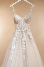 Princess Lace Wedding Dress Bridal Robe 2024 Vestido Spaghetti Straps Chapel Train Champagne Tulle Wedding Gown (ZD02147)