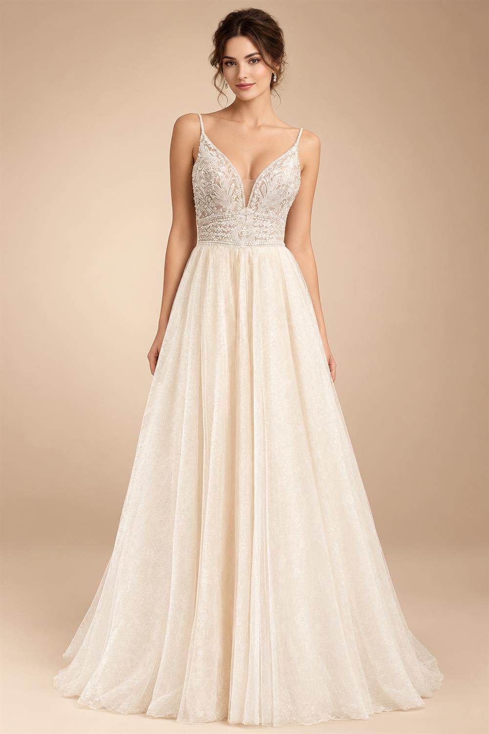 Spaghetti Straps Champagne Boho Wedding Dress For Women Vestido Civil Bridal Church Wedding Gowns suknie slubne