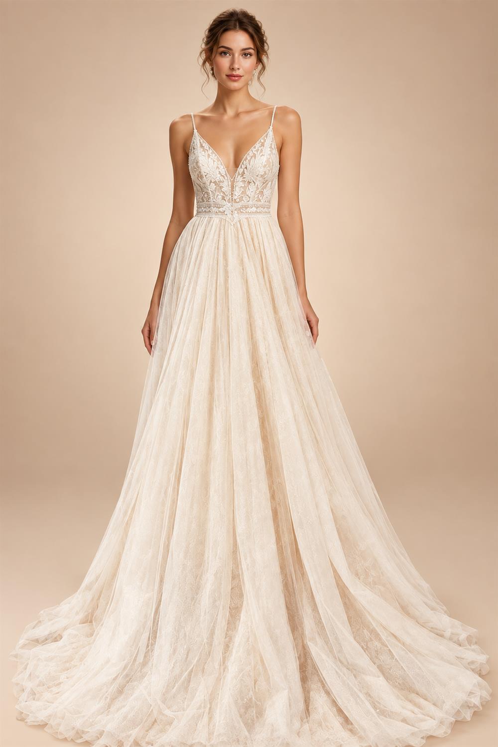 Spaghetti Straps Champagne Boho Wedding Dress For Women Vestido Civil Bridal Church Wedding Gowns suknie slubne