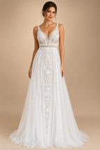 Custom Boho Lace Beach Wedding Dress V Neck Open Back Spaghetti Straps Gown