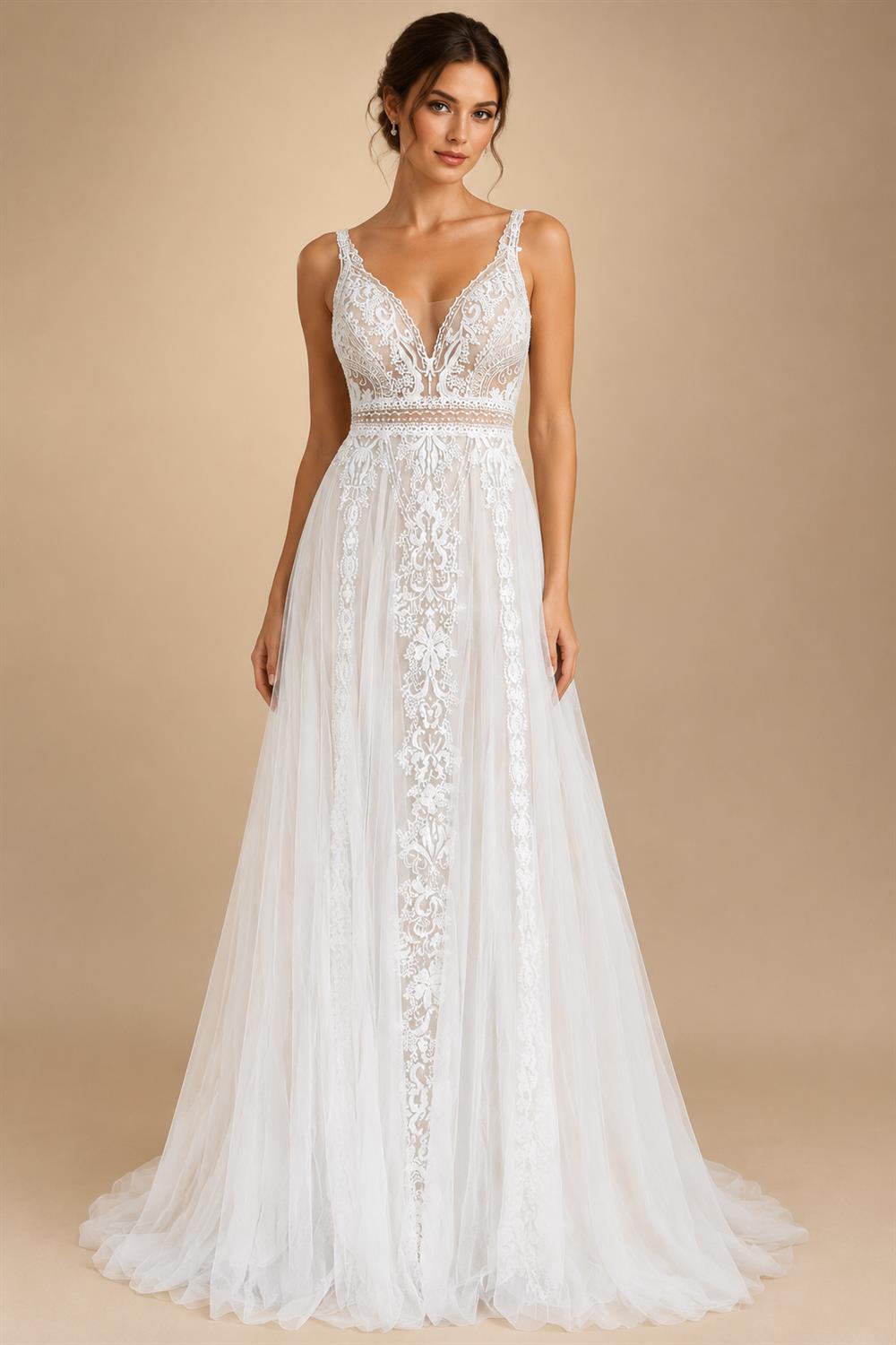 Custom Boho Lace Beach Wedding Dress V Neck Open Back Spaghetti Straps Gown