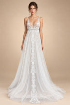 Custom Boho Lace Beach Wedding Dress V Neck Open Back Spaghetti Straps Gown