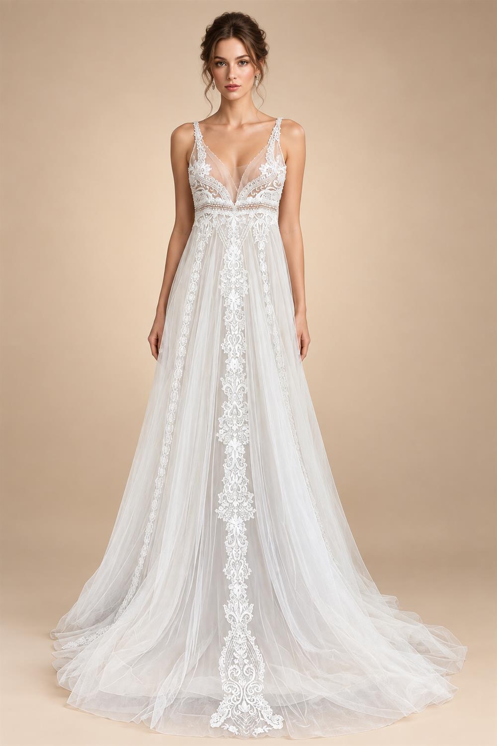 Custom Boho Lace Beach Wedding Dress V Neck Open Back Spaghetti Straps Gown