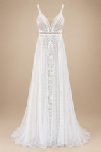 Custom Boho Lace Beach Wedding Dress V Neck Open Back Spaghetti Straps Gown