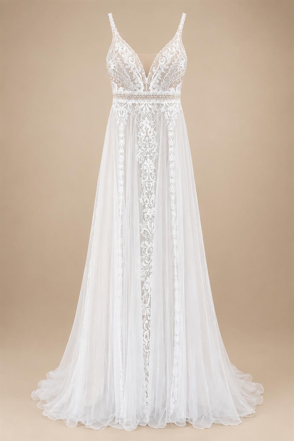 Custom Boho Lace Beach Wedding Dress V Neck Open Back Spaghetti Straps Gown