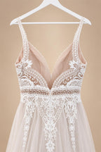 Custom Boho Lace Beach Wedding Dress V Neck Open Back Spaghetti Straps Gown