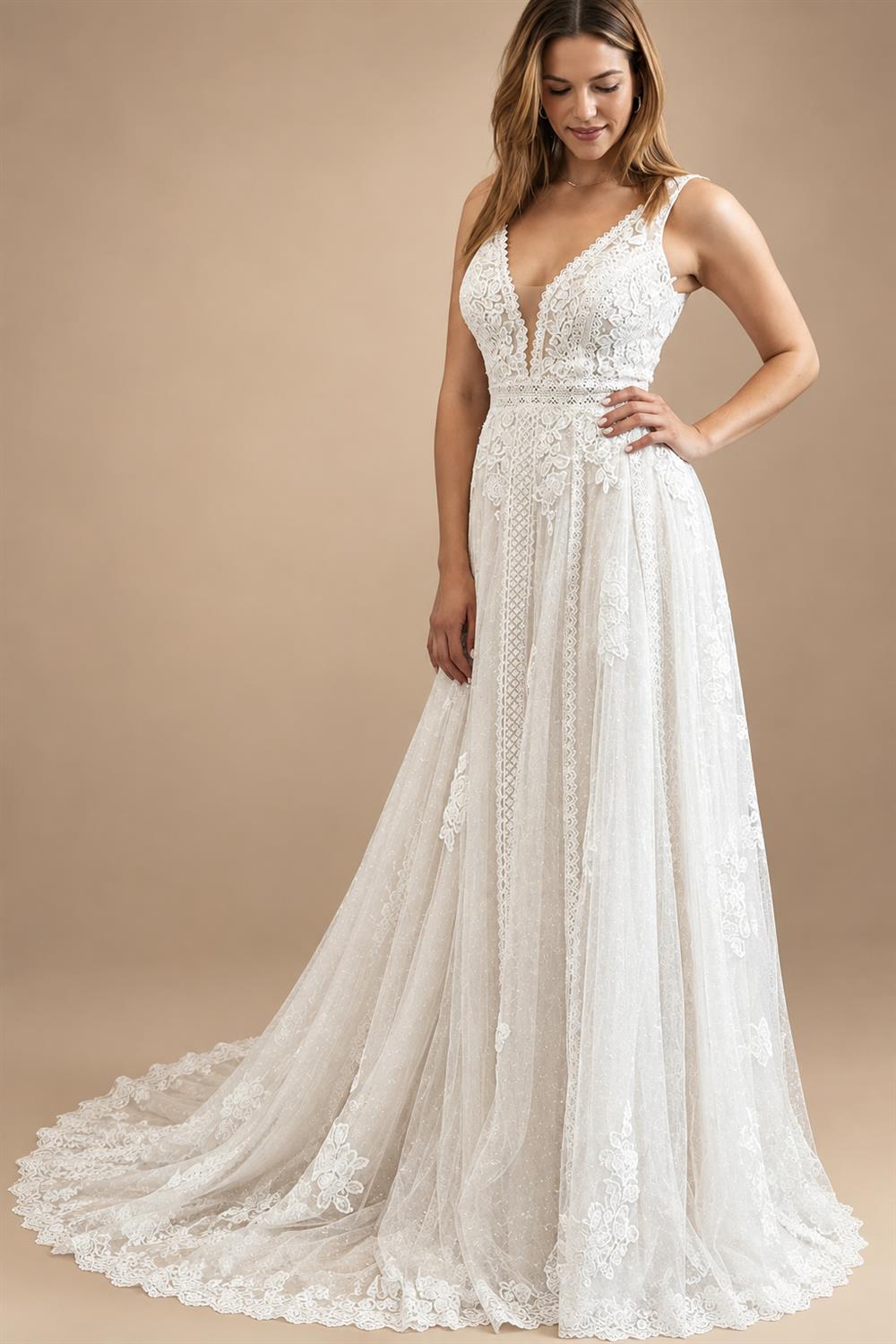 Boho Lace Applique Wedding Dress With Plunging V Neck For Beach Brides