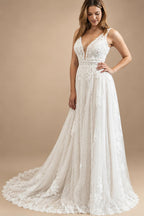 Boho Lace Applique Wedding Dress With Plunging V Neck For Beach Brides