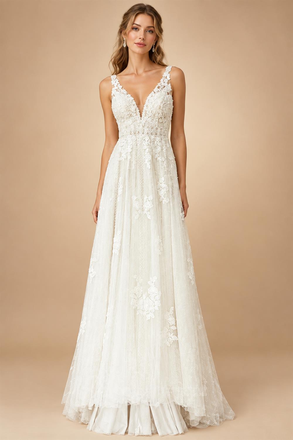 Boho Lace Applique Wedding Dress With Plunging V Neck For Beach Brides