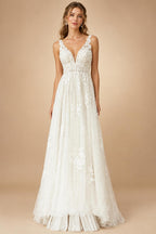 Boho Lace Applique Wedding Dress With Plunging V Neck For Beach Brides