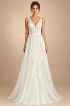 Boho Lace Applique Wedding Dress With Plunging V Neck For Beach Brides