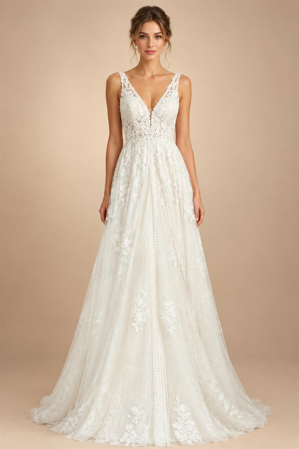 Boho Lace Applique Wedding Dress With Plunging V Neck For Beach Brides