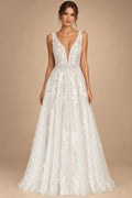 Boho Lace Applique Wedding Dress With Plunging V Neck For Beach Brides