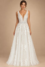 Boho Lace Applique Wedding Dress With Plunging V Neck For Beach Brides