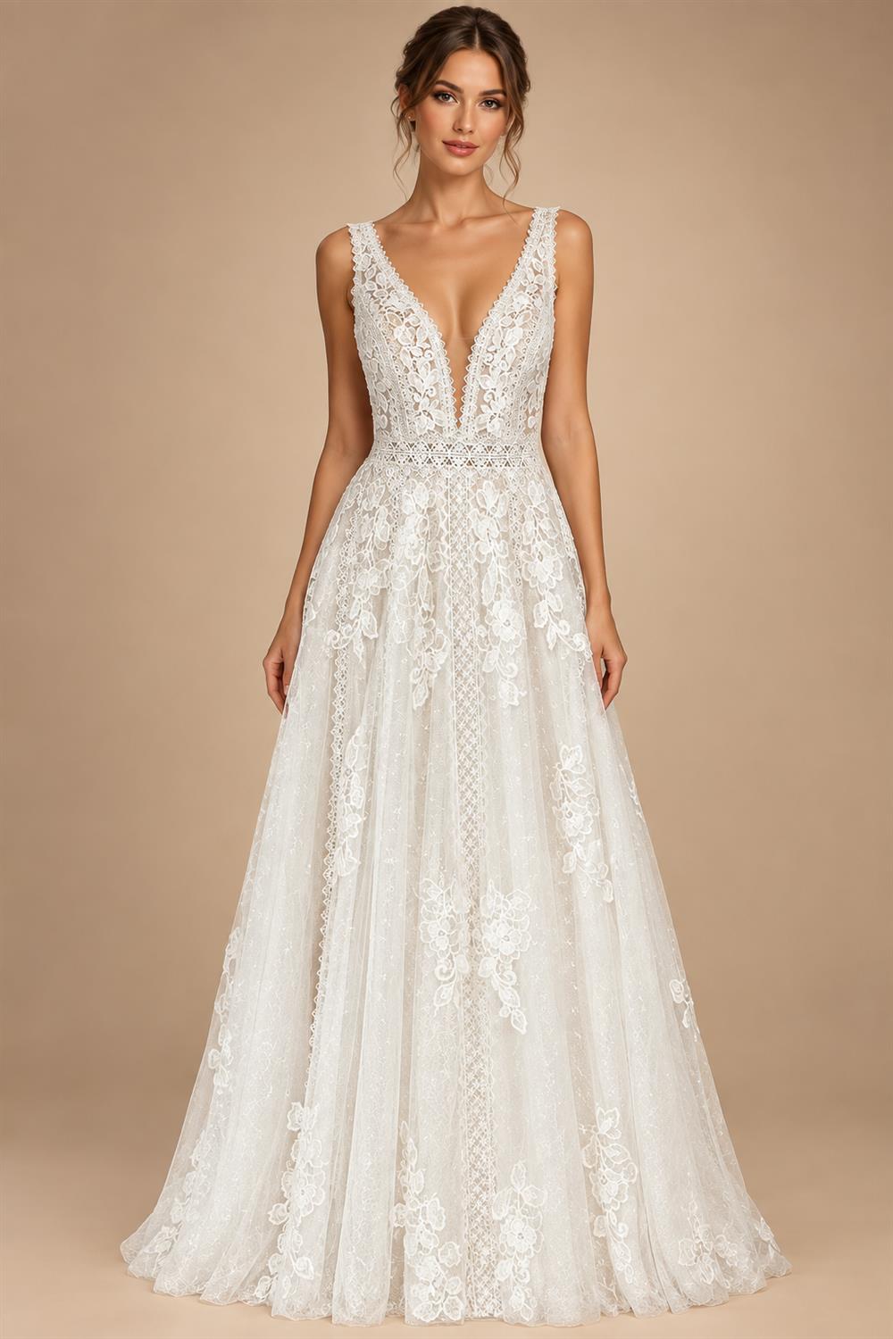 Boho Lace Applique Wedding Dress With Plunging V Neck For Beach Brides