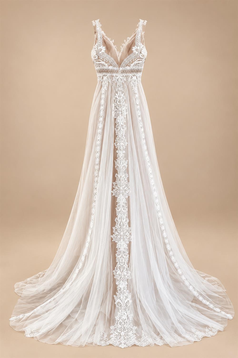 Custom Summer Boho A Line Wedding Dress With Lace V Neck