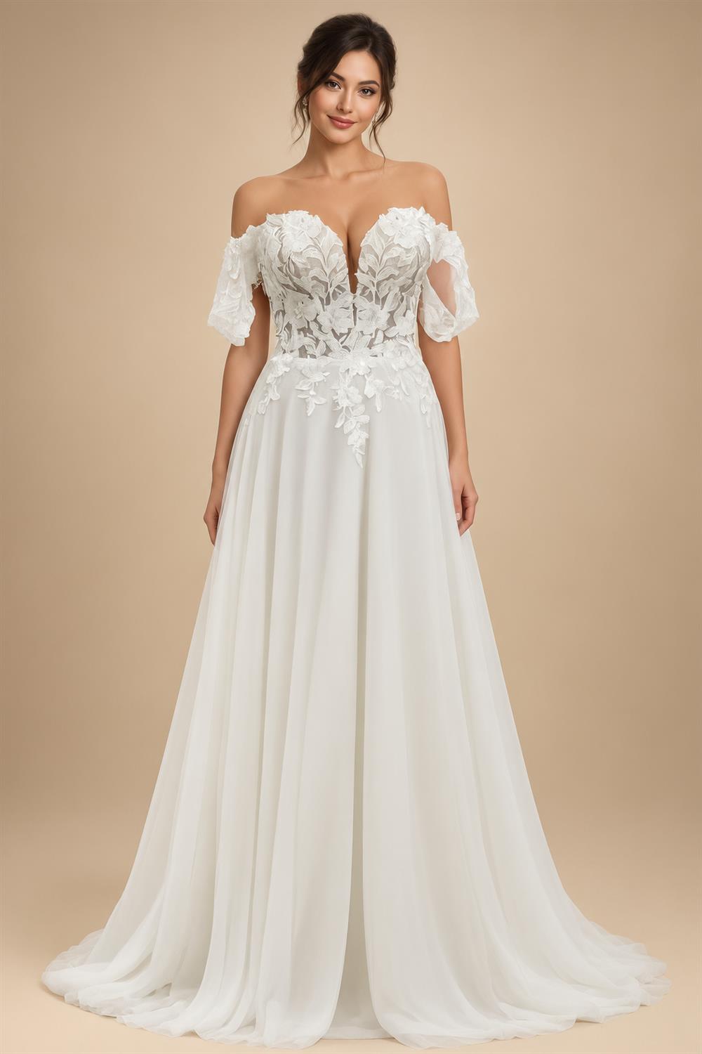 Lace And Chiffon Off Shoulder Cap Sleeve Mermaid Wedding Dress For Bride