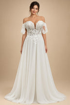 Lace And Chiffon Off Shoulder Cap Sleeve Mermaid Wedding Dress For Bride