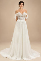 Lace And Chiffon Off Shoulder Cap Sleeve Mermaid Wedding Dress For Bride