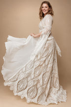 Bohemian Boho Wedding Dress Lace Chiffon Long Sleeve V Neck Plus Size Gown