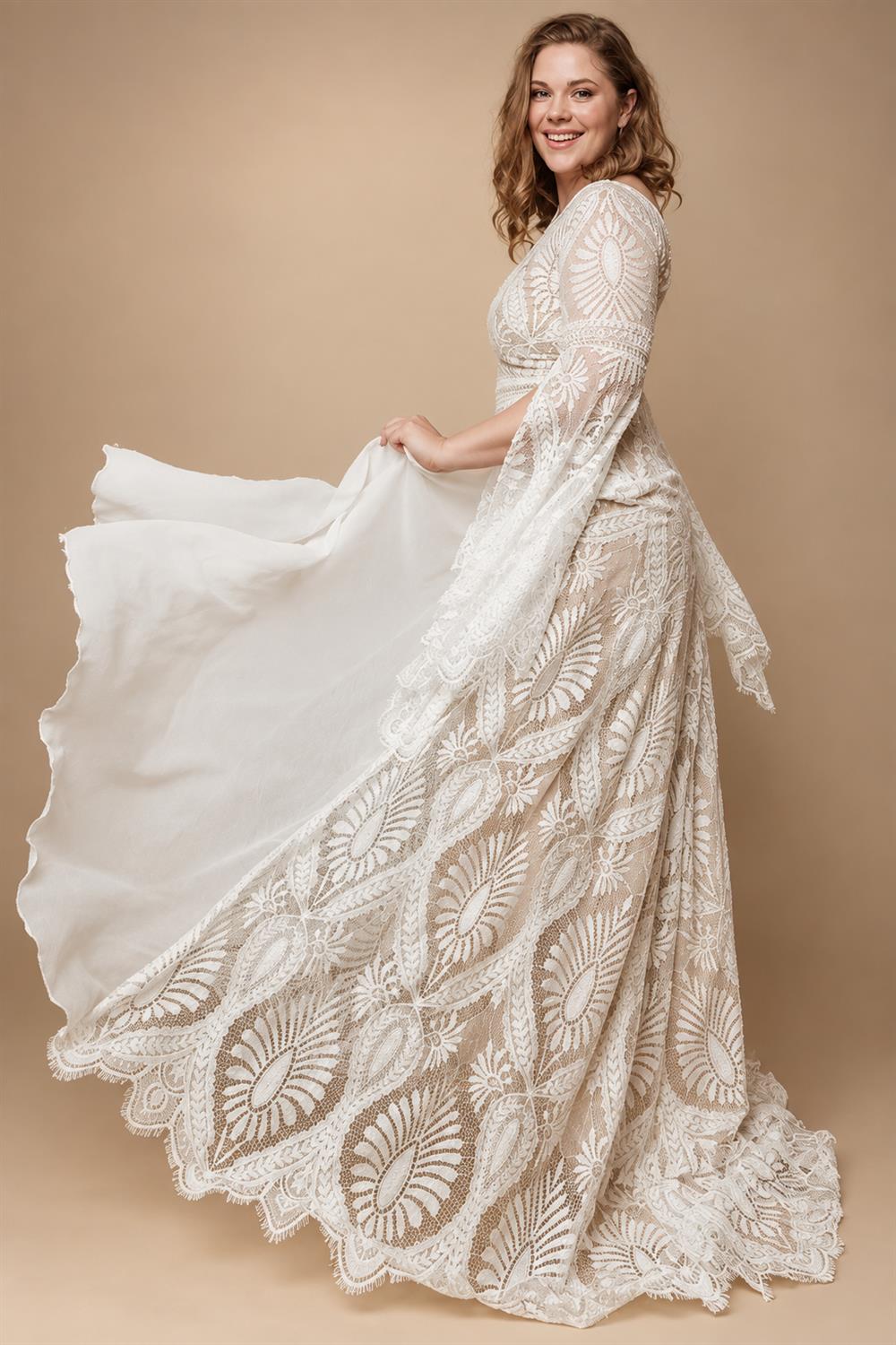 Bohemian Boho Wedding Dress Lace Chiffon Long Sleeve V Neck Plus Size Gown