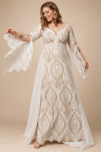 Bohemian Boho Wedding Dress Lace Chiffon Long Sleeve V Neck Plus Size Gown