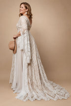 Bohemian Boho Wedding Dress Lace Chiffon Long Sleeve V Neck Plus Size Gown