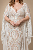 Bohemian Boho Wedding Dress Lace Chiffon Long Sleeve V Neck Plus Size Gown