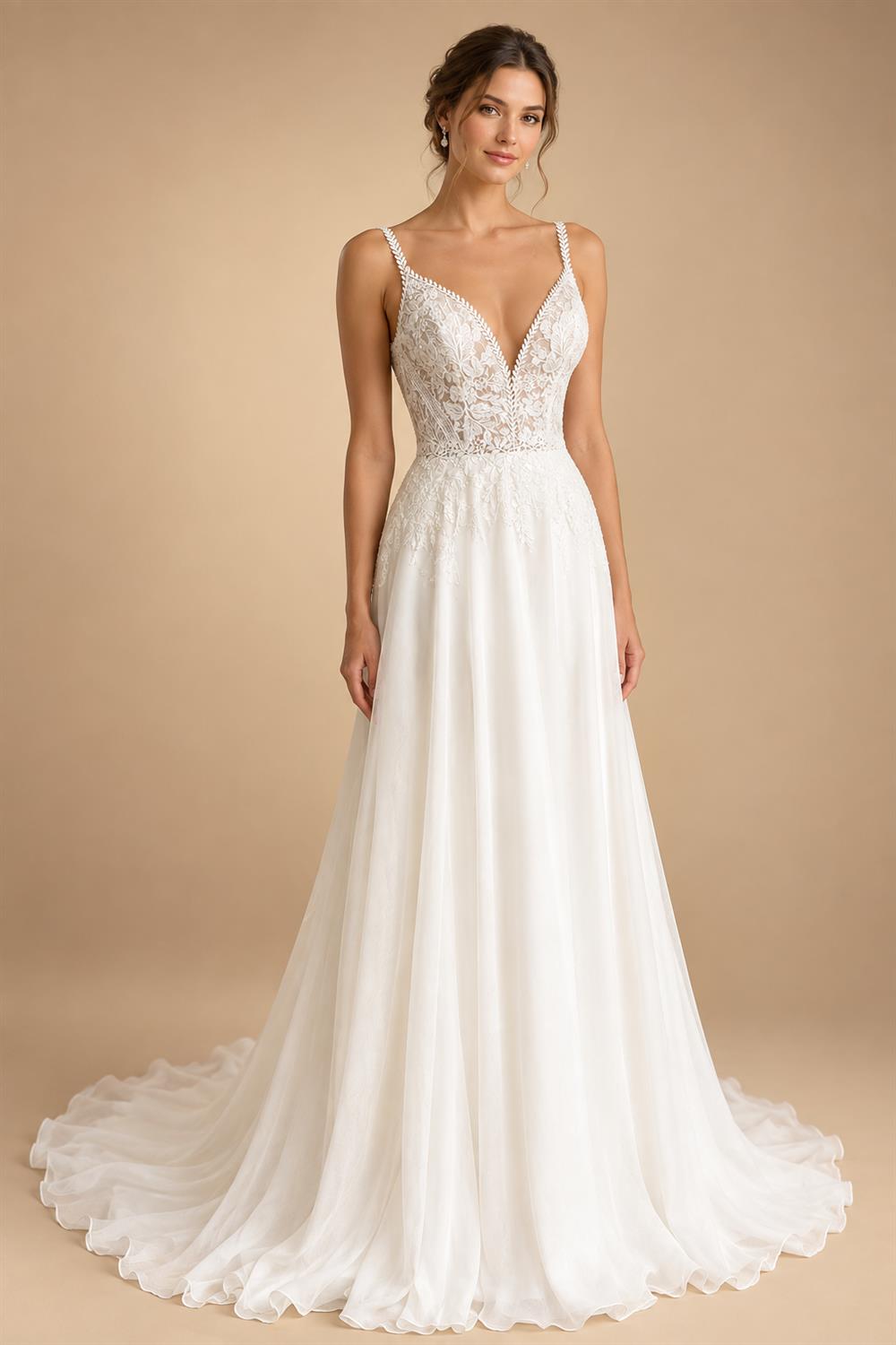 Illusion Lace A Line Chiffon Beach Wedding Dress With Open Back