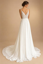 Illusion Lace A Line Chiffon Beach Wedding Dress With Open Back